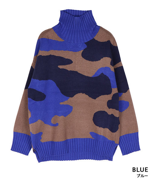 迷彩柄長袖ハイネックリブ切替ニット 36-1062