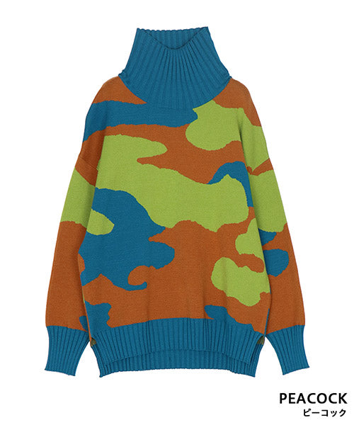 迷彩柄長袖ハイネックリブ切替ニット 36-1062