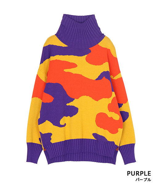 迷彩柄長袖ハイネックリブ切替ニット 36-1062