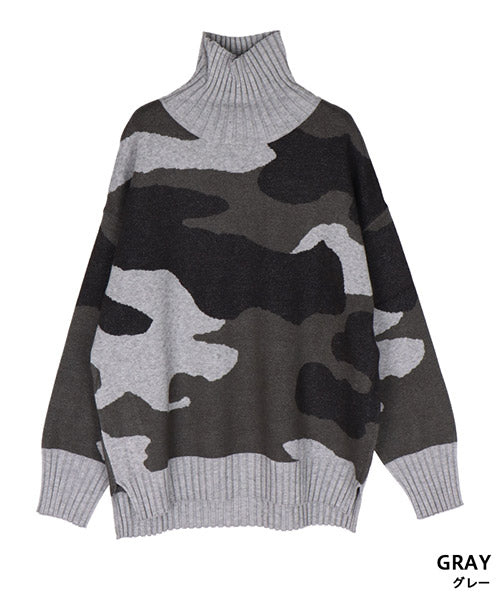 迷彩柄長袖ハイネックリブ切替ニット 36-1062