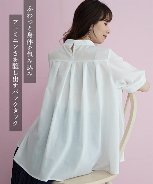 花レース5分袖バンドカラーフレアワイドブラウス 36-1129