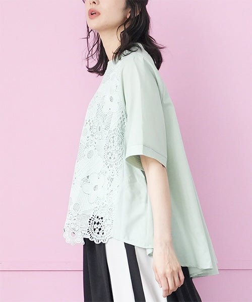 花レース5分袖バンドカラーフレアワイドブラウス 36-1129