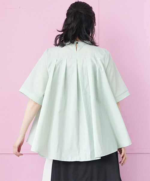 花レース5分袖バンドカラーフレアワイドブラウス 36-1129