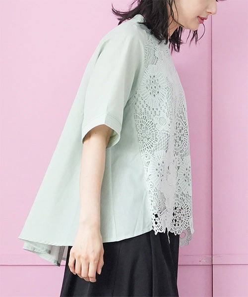 花レース5分袖バンドカラーフレアワイドブラウス 36-1129