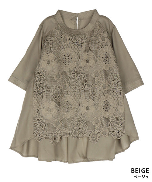 花レース5分袖バンドカラーフレアワイドブラウス 36-1129