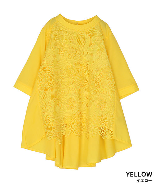 花レース5分袖バンドカラーフレアワイドブラウス 36-1129