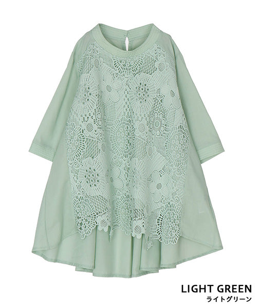 花レース5分袖バンドカラーフレアワイドブラウス 36-1129