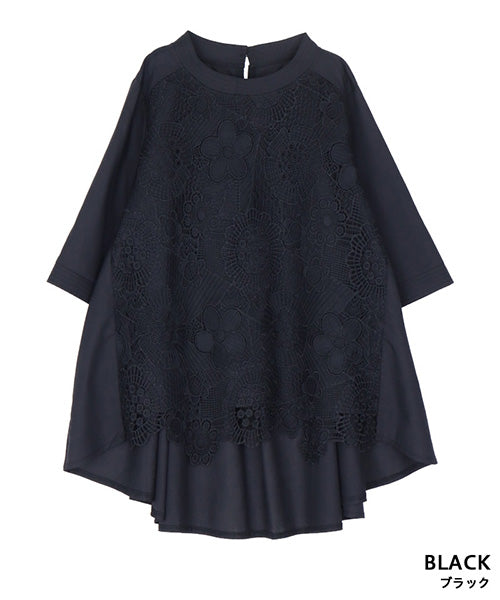 花レース5分袖バンドカラーフレアワイドブラウス 36-1129