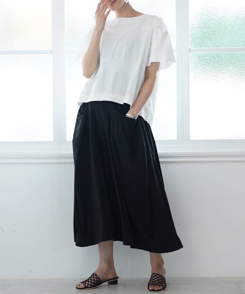 ウエストゴム 切替 無地 フレア ワイド パンツ 36-1155｜40代 50代から  