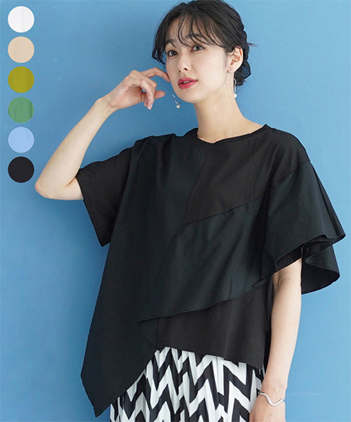 異素材切替半袖裾アシンメトリーTシャツカットソー 36-1161