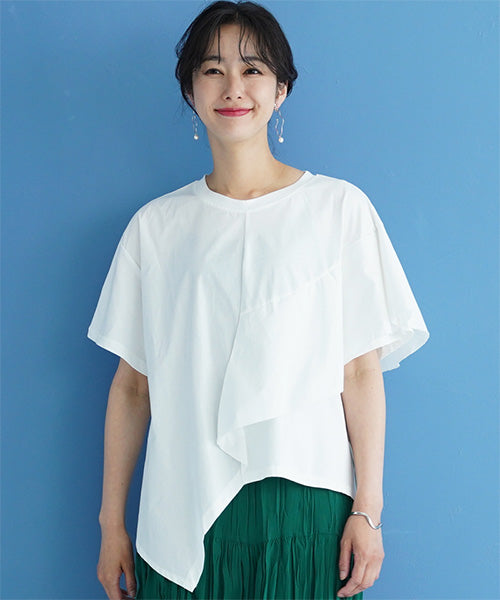 異素材切替半袖裾アシンメトリーTシャツカットソー 36-1161