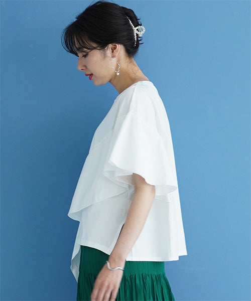 異素材切替半袖裾アシンメトリーTシャツカットソー 36-1161