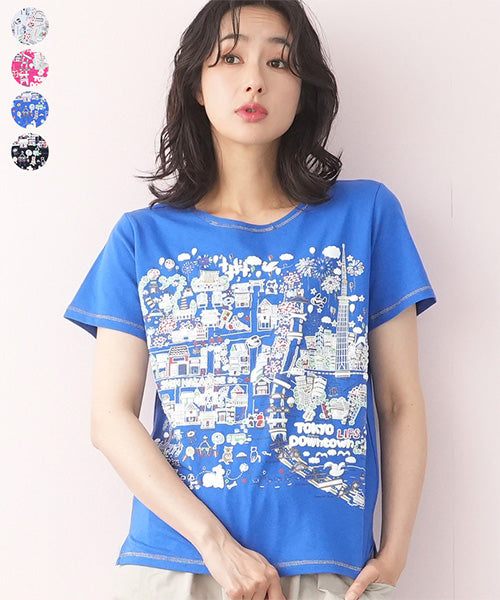 綿100％街柄イラストTシャツ 36-1277｜40代 50代 からの大人の