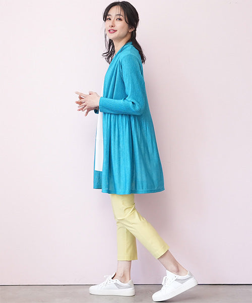 長袖プリーツ加工タイトフレアミディアム丈トッパーカーディガン｜40代