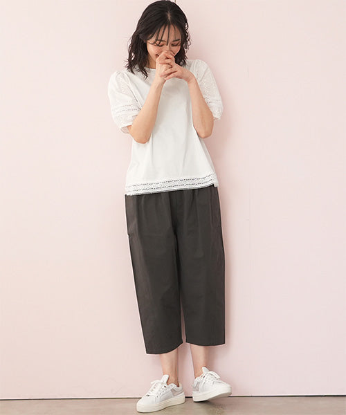 綿100％脇パッチポケット綿コクーンワイドパンツ 36-1380｜40代