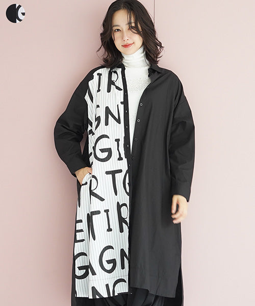 綿100%英字ストライプ切替シャツワンピース 36-1415｜40代 50代 60代