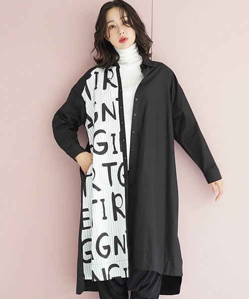 ストライプ長袖ワンピース 36 綿100%英字ストライプ切替シャツワンピース 36-1415｜40代 50代 60代