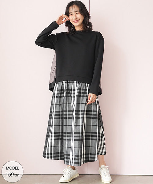 チェック柄ウエストゴムギャザースカート 36-1513｜40代 50代 60代
