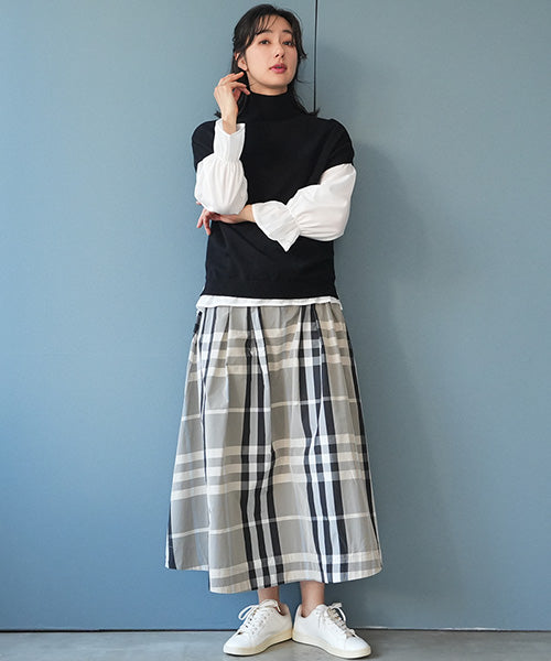チェック柄ウエストゴムギャザースカート 36-1513｜40代 50代 60代