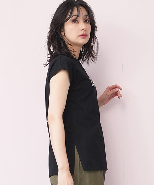 綿100％英字刺繍フレンチスリーブTシャツ 36-1556