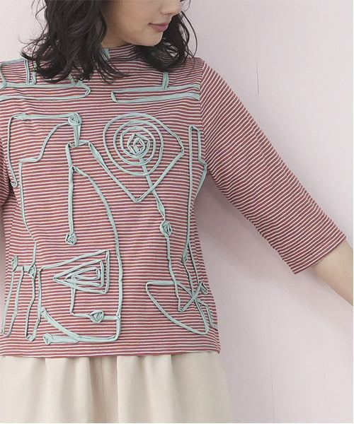 コード刺繍ボトルネック七分袖ボーダーカットソー 36-1559