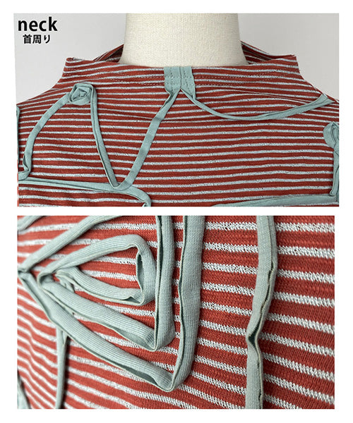 コード刺繍ボトルネック七分袖ボーダーカットソー 36-1559