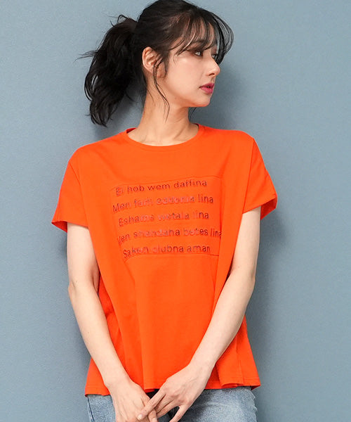 綿100％エンボス加工ドルマン英字Tシャツカットソー 36-1566｜40