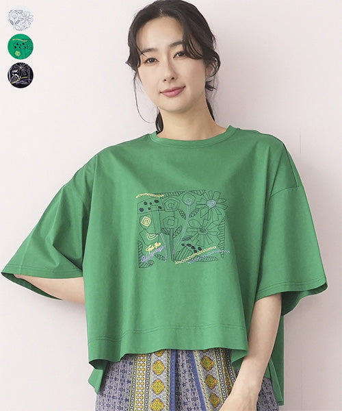 綿100％イラストステッチワイドシルエットTシャツ 36-1567