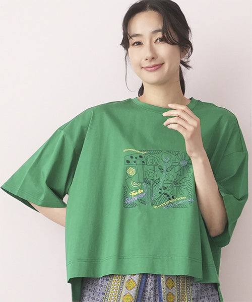 綿100％イラストステッチワイドシルエットTシャツ 36-1567