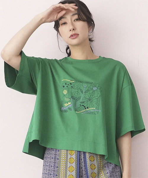 綿100％イラストステッチワイドシルエットTシャツ 36-1567
