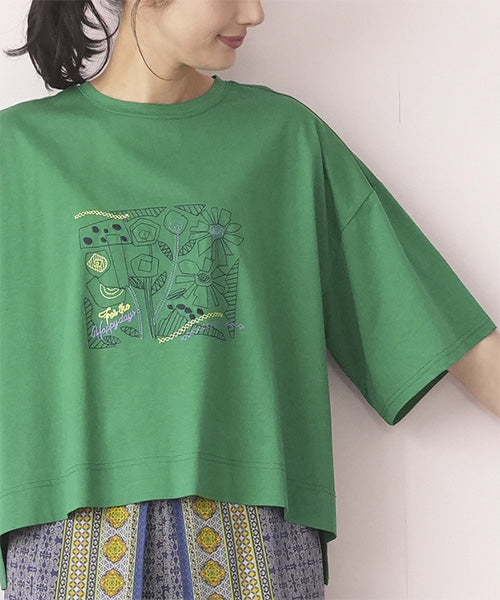 綿100％イラストステッチワイドシルエットTシャツ 36-1567