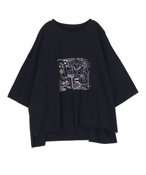 綿100％イラストステッチワイドシルエットTシャツ 36-1567