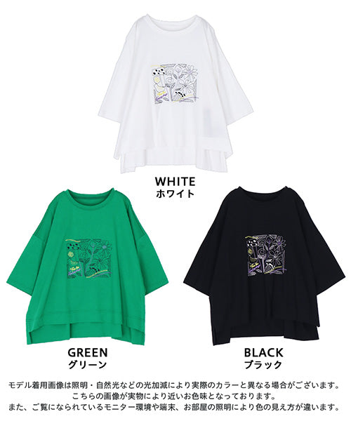綿100％イラストステッチワイドシルエットTシャツ 36-1567