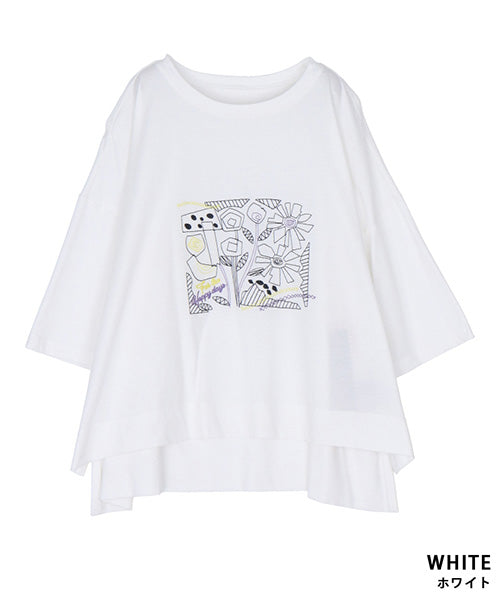綿100％イラストステッチワイドシルエットTシャツ 36-1567