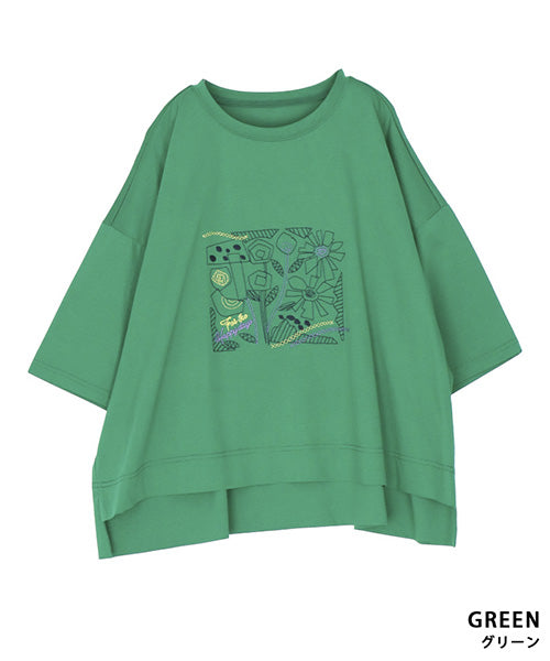 綿100％イラストステッチワイドシルエットTシャツ 36-1567