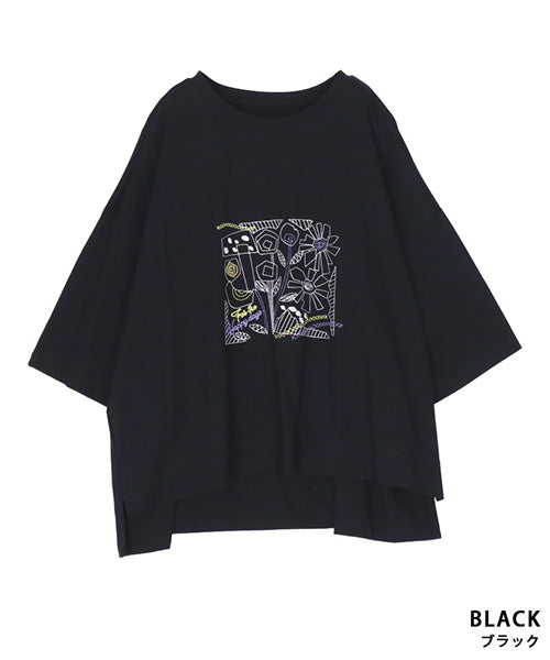 綿100％イラストステッチワイドシルエットTシャツ 36-1567