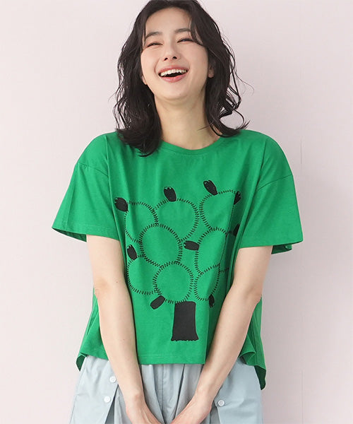 綿100％ツリーモチーフ刺繍バック切替フィッシュテールTシャツ