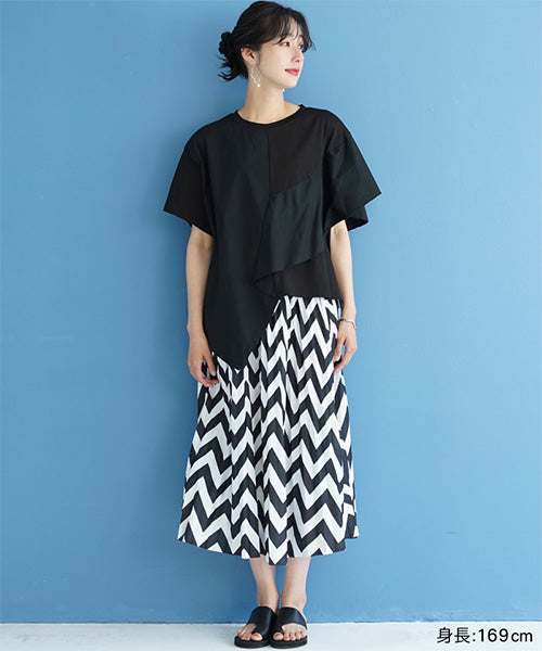 異素材切替半袖裾アシンメトリーTシャツカットソー 36-1605｜40代 50代