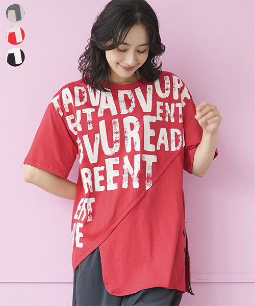 綿100％英字柄切替裾アシンメトリー半袖Tシャツカットソー 36-1614｜40