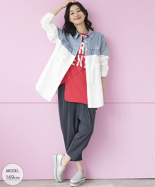 綿100％英字柄切替裾アシンメトリー半袖Tシャツカットソー 36-1614｜40