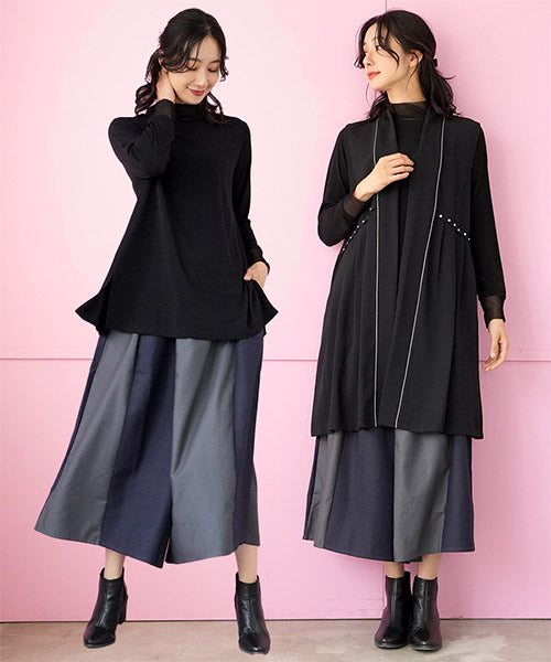 ハイネックメッシュ切替Aラインチュニック 36-1622｜40代 50代 60代