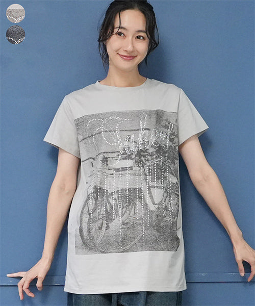 フォトプリントビジュー付き半袖Tシャツカットソー 36-1627｜40代 50代