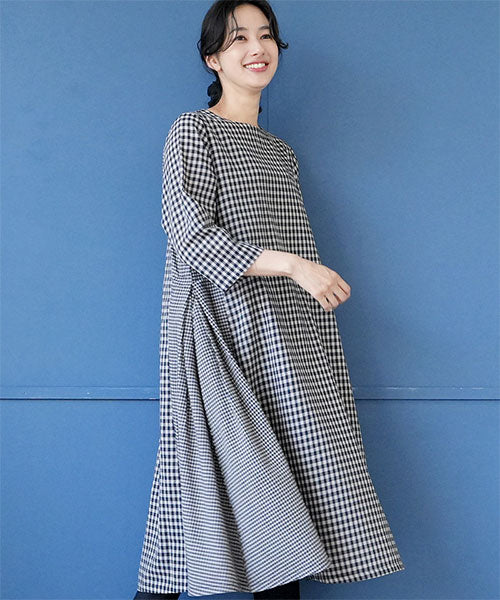 綿100％ギンガムチェック切替7分袖Aラインワンピース 36-1629｜40代 50