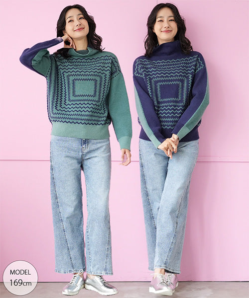 前後リバーシブルジオメトリック柄ハイネックワイドニット 36-1672｜40
