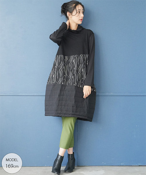 ヒカリ恵　布帛異素材立体コクーンワンピース 定価2.7万円 異素材切替コクーンシルエットワンピース 36-1675｜40代 50代 60