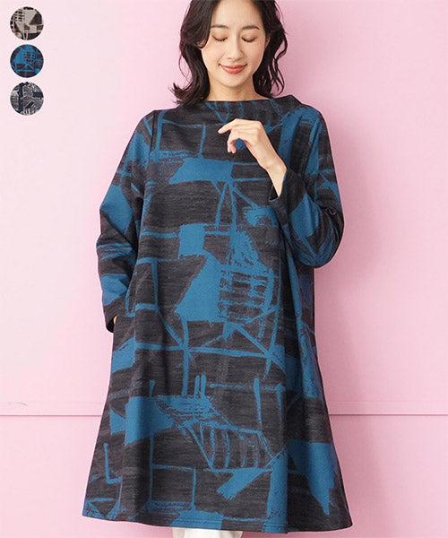 ハイネック総柄長袖Aラインチュニック 36-1679