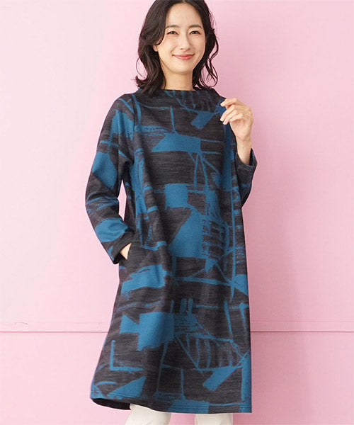 ハイネック総柄長袖Aラインチュニック 36-1679