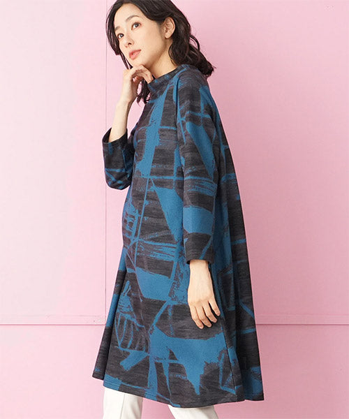 ハイネック総柄長袖Aラインチュニック 36-1679