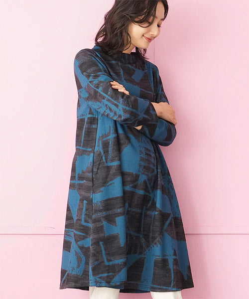 ハイネック総柄長袖Aラインチュニック 36-1679