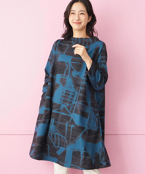 ハイネック総柄長袖Aラインチュニック 36-1679
